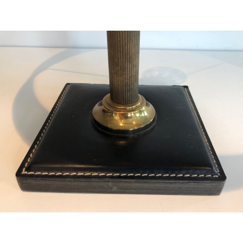 Black Leather and Brass Desk Lamp in the Style of Jacques Adnet, French Work, circa 1970