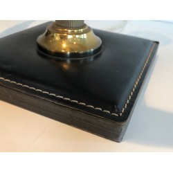 Black Leather and Brass Desk Lamp in the Style of Jacques Adnet, French Work, circa 1970