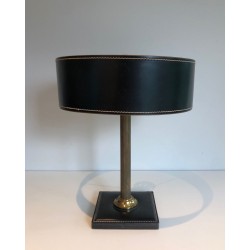 Lampe de Bureau Cuir Noir et Laiton dans le Goût de Jacques Adnet, Travail Français, vers 1970