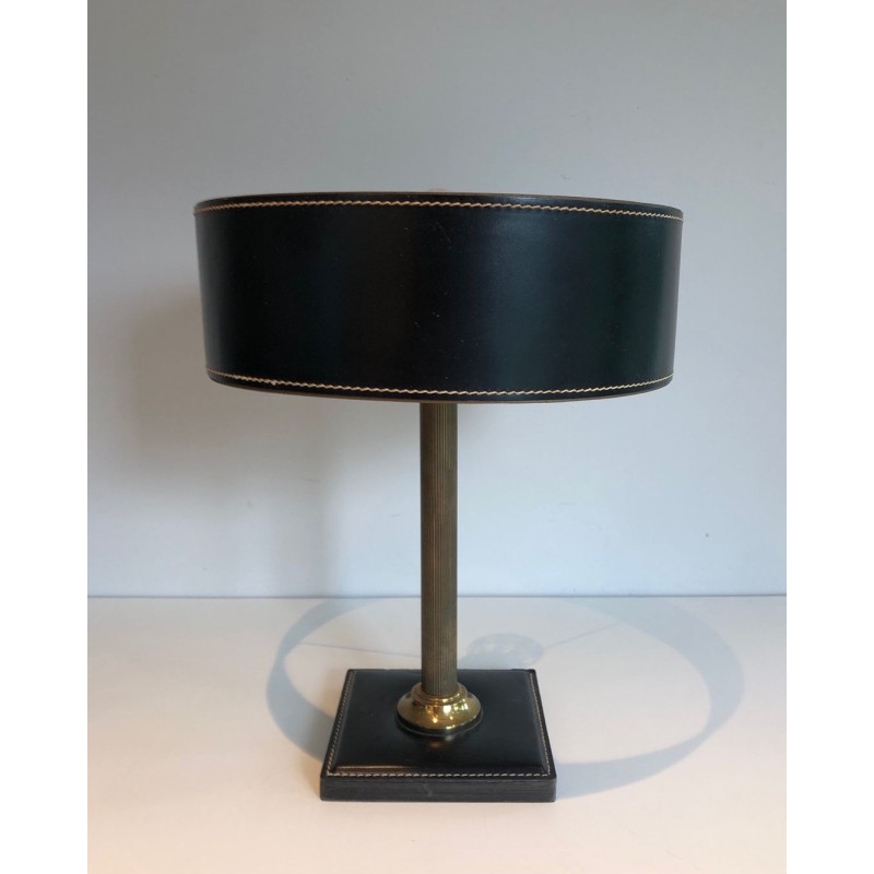 Lampe de Bureau Cuir Noir et Laiton dans le Goût de Jacques Adnet, Travail Français, vers 1970