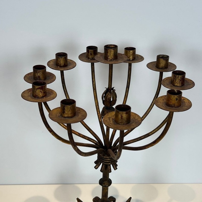 Bougeoir 11 Bras Fer Forgé Doré, Travail Français, vers 1940