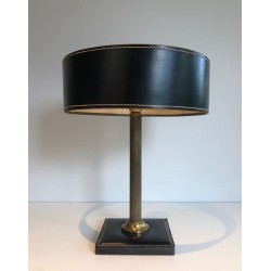 Lampe de Bureau Cuir Noir et Laiton dans le Goût de Jacques Adnet, Travail Français, vers 1970