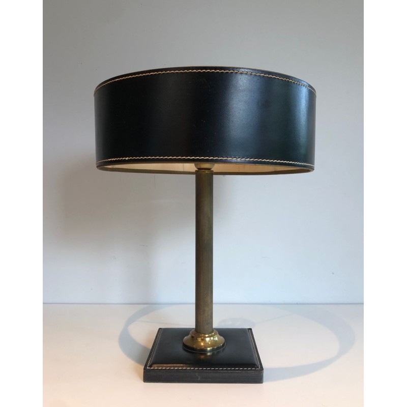 Black Leather and Brass Desk Lamp in the Style of Jacques Adnet, French Work, circa 1970