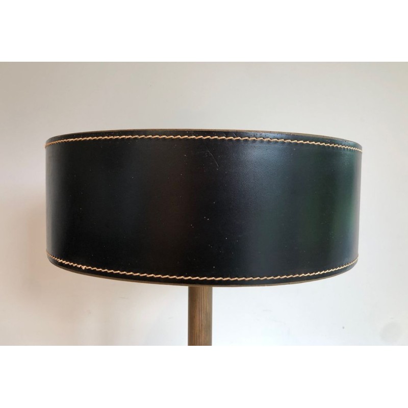 Black Leather and Brass Desk Lamp in the Style of Jacques Adnet, French Work, circa 1970