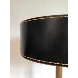 Black Leather and Brass Desk Lamp in the Style of Jacques Adnet, French Work, circa 1970