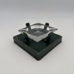 Cendrier en Cristal et Cuir Vert dans le Goût de Jacques Adnet, Années 1950