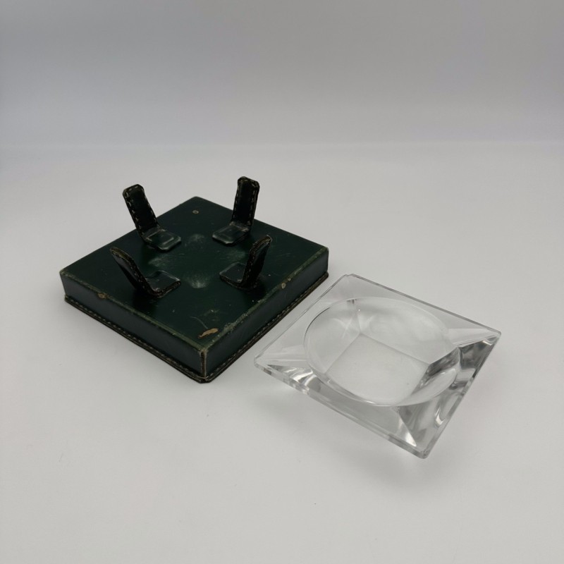 Cendrier en Cristal et Cuir Vert dans le Goût de Jacques Adnet, Années 1950