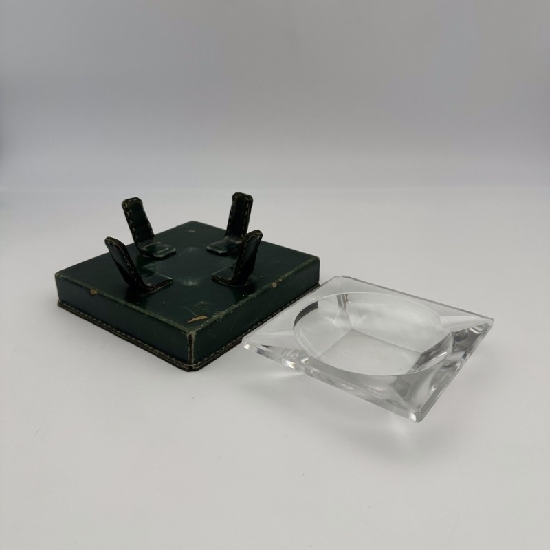 Cendrier en Cristal et Cuir Vert dans le Goût de Jacques Adnet, Années 1950