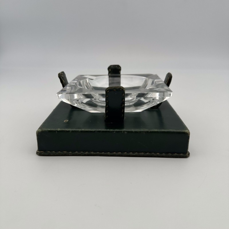 Cendrier en Cristal et Cuir Vert dans le Goût de Jacques Adnet, Années 1950