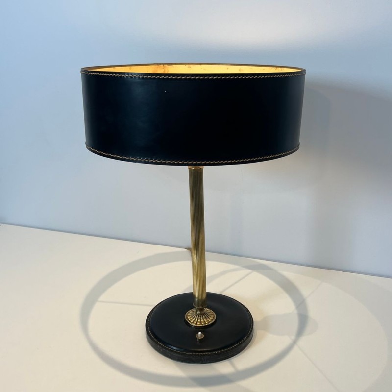 Black Leather and Brass Desk Lamp in the Style of Jacques Adnet