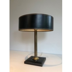 Lampe de Bureau Cuir Noir et Laiton dans le Goût de Jacques Adnet, Travail Français, vers 1970