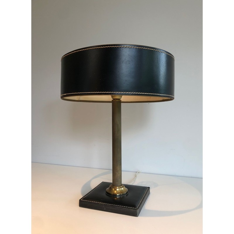 Lampe de Bureau Cuir Noir et Laiton dans le Goût de Jacques Adnet, Travail Français, vers 1970