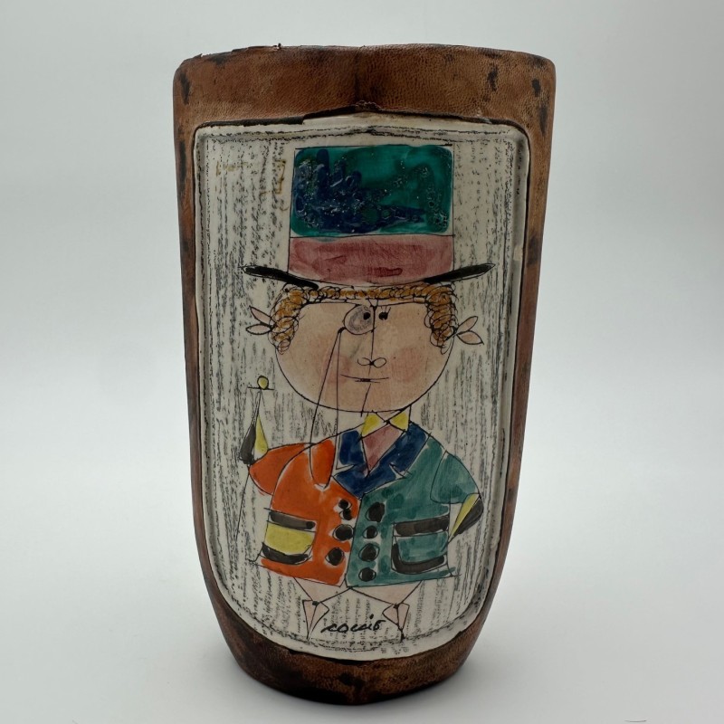 Vase Céramique Cuir Peint De Coccio, Italie, 1950