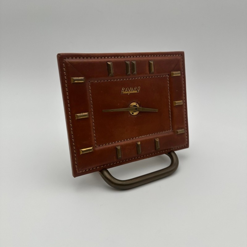 Bayard Desk Clock Leather & Brass, France, 1953