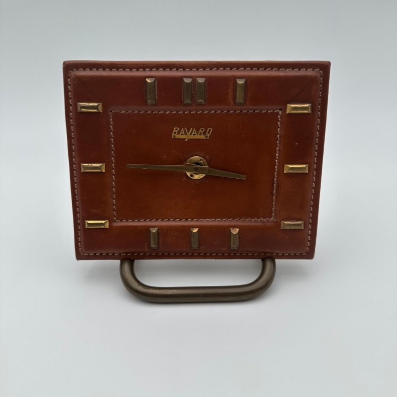 Bayard Desk Clock Leather & Brass, France, 1953