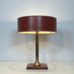 Lampe Bureau Cuir Rouge Laiton, Goût Adnet, Vers 1970