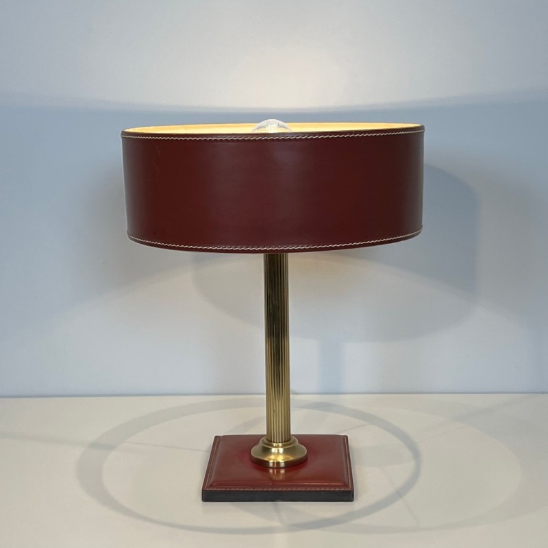 Desk Lamp Red Leather & Brass, Style Adnet, c.1970