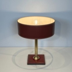 Desk Lamp Red Leather & Brass, Style Adnet, c.1970