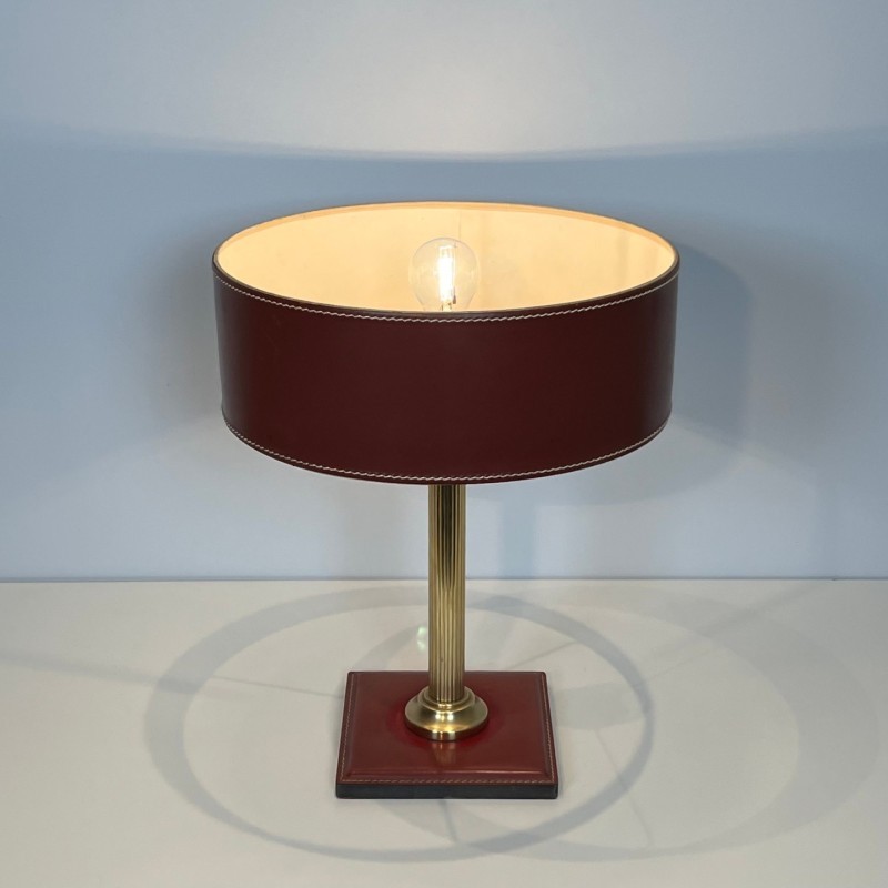 Desk Lamp Red Leather & Brass, Style Adnet, c.1970