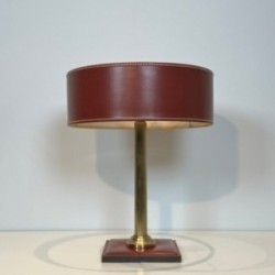 Lampe Bureau Cuir Rouge Laiton, Goût Adnet, Vers 1970