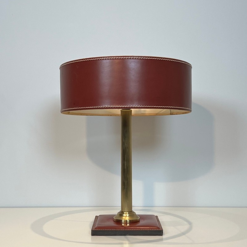 Desk Lamp Red Leather & Brass, Style Adnet, c.1970