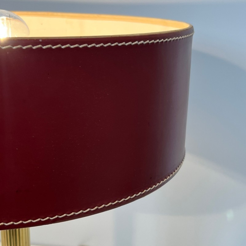 Lampe Bureau Cuir Rouge Laiton, Goût Adnet, Vers 1970