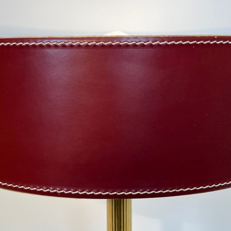 Desk Lamp Red Leather & Brass, Style Adnet, c.1970