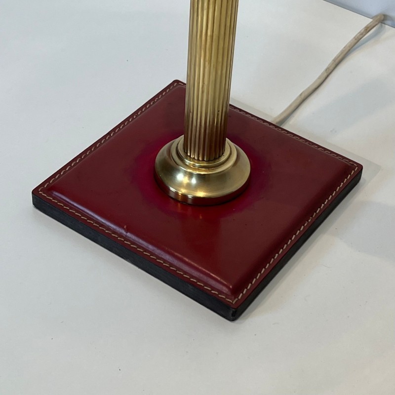Lampe Bureau Cuir Rouge Laiton, Goût Adnet, Vers 1970