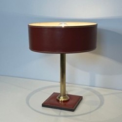 Lampe Bureau Cuir Rouge Laiton, Goût Adnet, Vers 1970