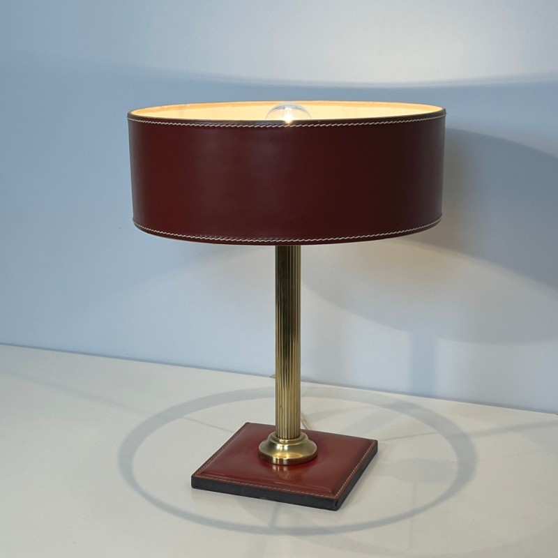 Desk Lamp Red Leather & Brass, Style Adnet, c.1970