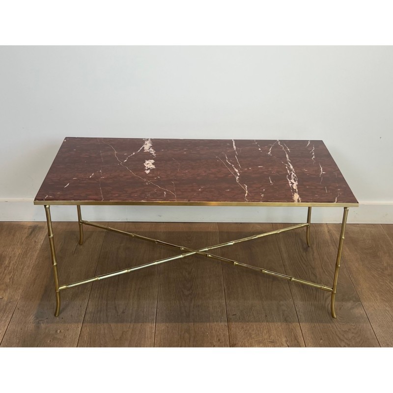 Table Basse Bronze Faux-Bambou Marbre Rouge, Baguès, c.1940