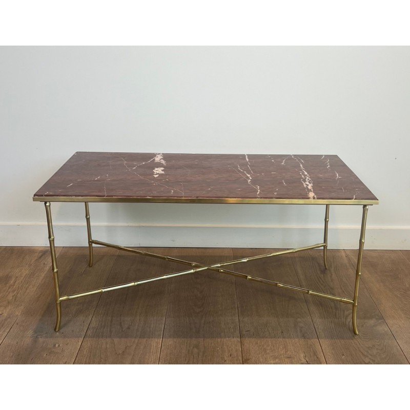 Bronze Faux-Bamboo Coffee Table Red Marble, Baguès, c.1940