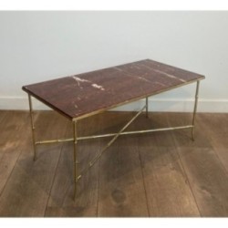 Table Basse Bronze Faux-Bambou Marbre Rouge, Baguès, c.1940