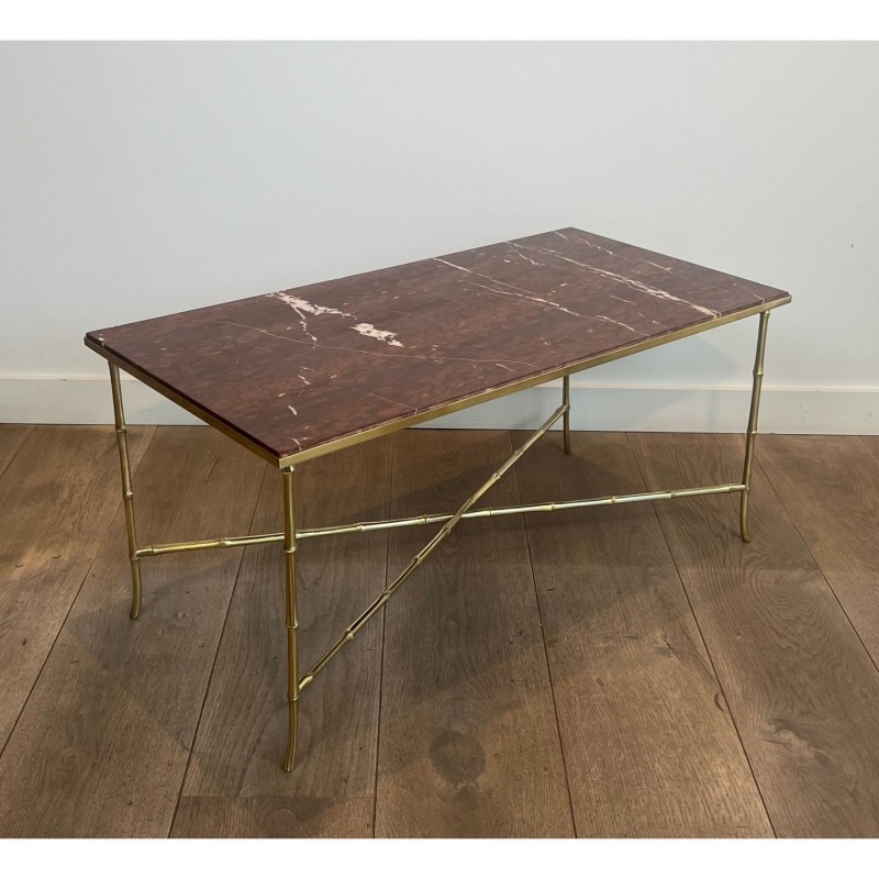 Table Basse Bronze Faux-Bambou Marbre Rouge, Baguès, c.1940