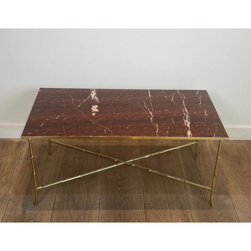 Bronze Faux-Bamboo Coffee Table Red Marble, Baguès, c.1940