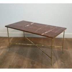 Table Basse Bronze Faux-Bambou Marbre Rouge, Baguès, c.1940