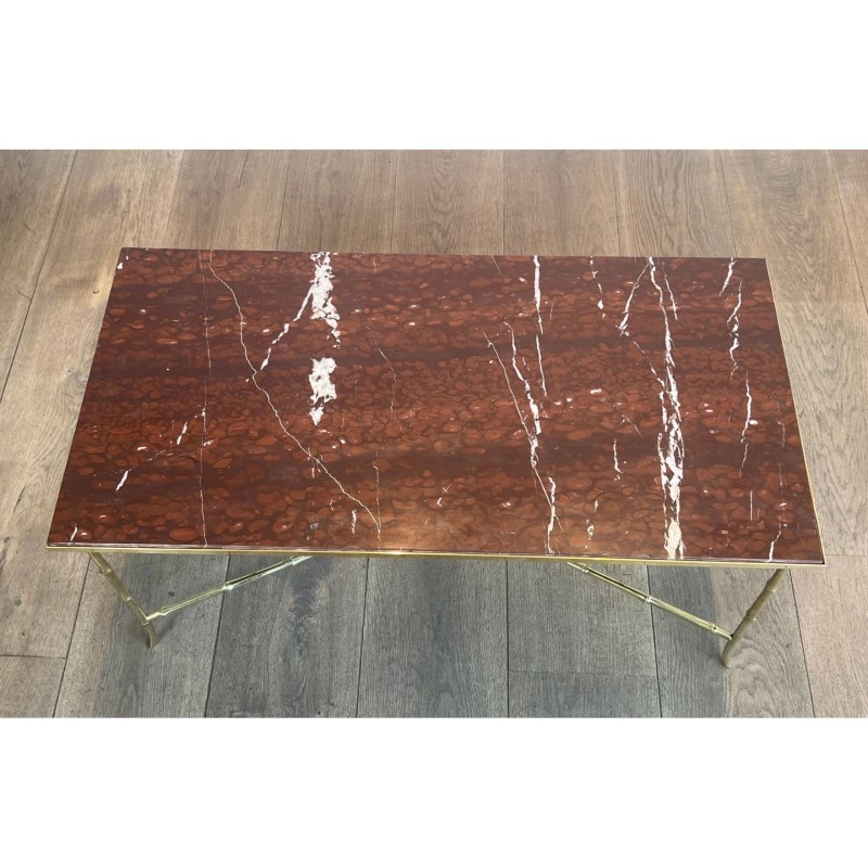 Bronze Faux-Bamboo Coffee Table Red Marble, Baguès, c.1940