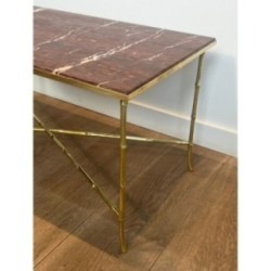 Table Basse Bronze Faux-Bambou Marbre Rouge, Baguès, c.1940