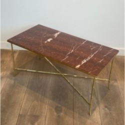 Bronze Faux-Bamboo Coffee Table Red Marble, Baguès, c.1940