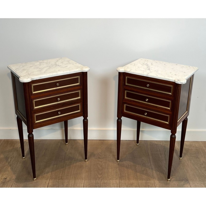 Pair End Tables Mahogany & Brass Marble, c.1940