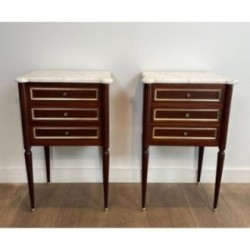 Pair End Tables Mahogany & Brass Marble, c.1940