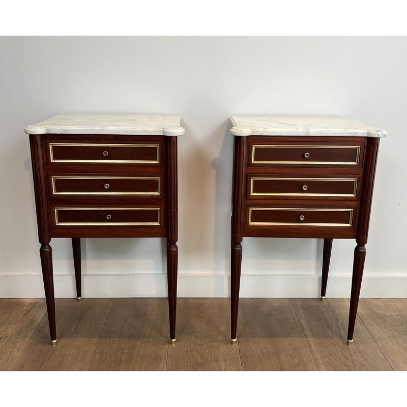 Pair End Tables Mahogany & Brass Marble, c.1940