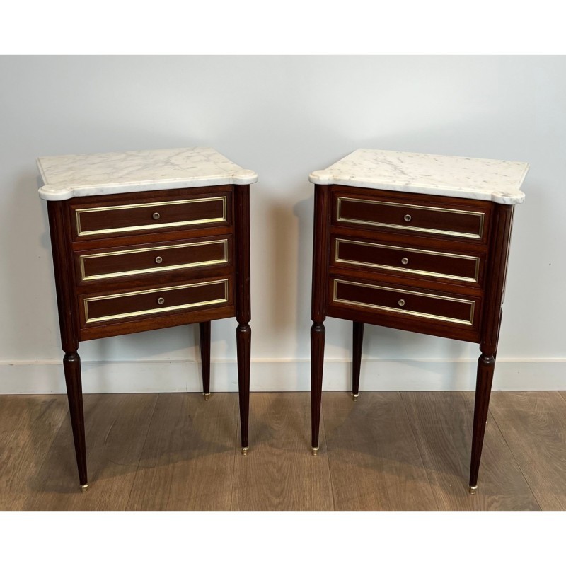 Pair End Tables Mahogany & Brass Marble, c.1940