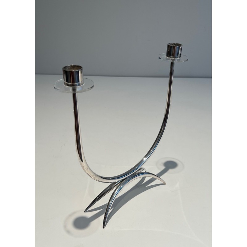Bougeoir Design Métal Argenté Plexiglass, Vers 1970