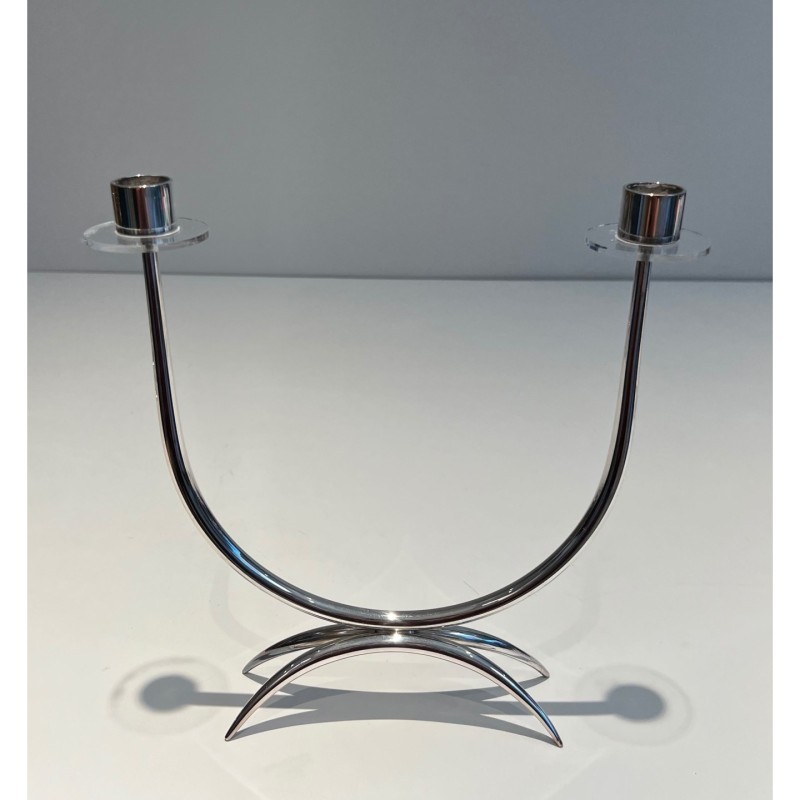 Design Candle Holder Silvered Metal & Plexiglass, c.1970