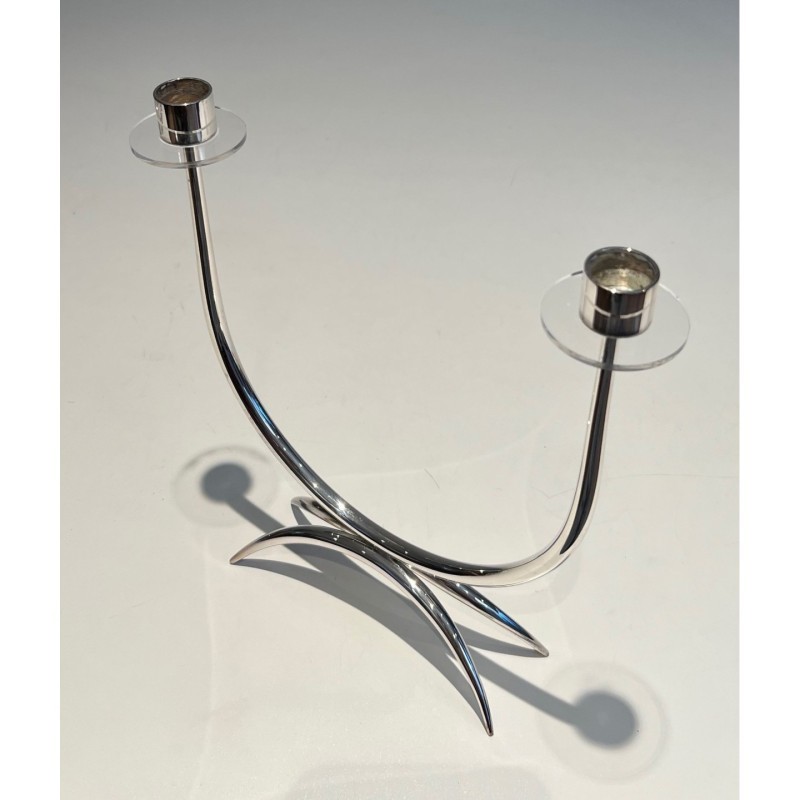 Design Candle Holder Silvered Metal & Plexiglass, c.1970