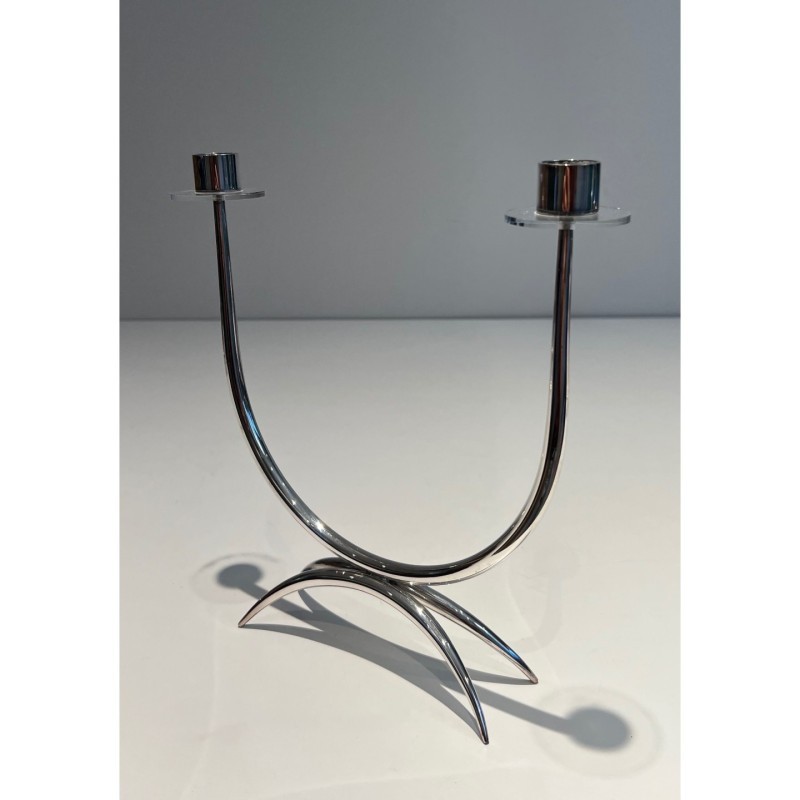 Bougeoir Design Métal Argenté Plexiglass, Vers 1970
