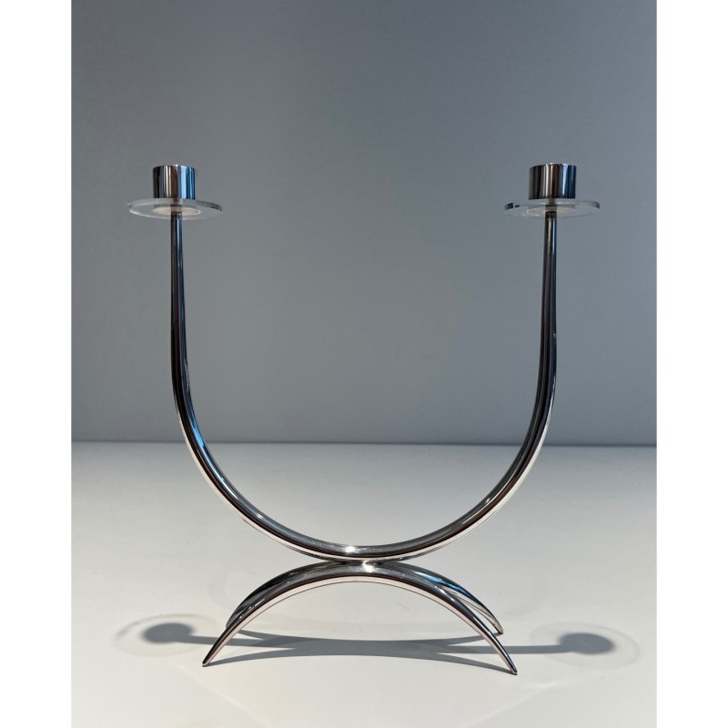Bougeoir Design Métal Argenté Plexiglass, Vers 1970