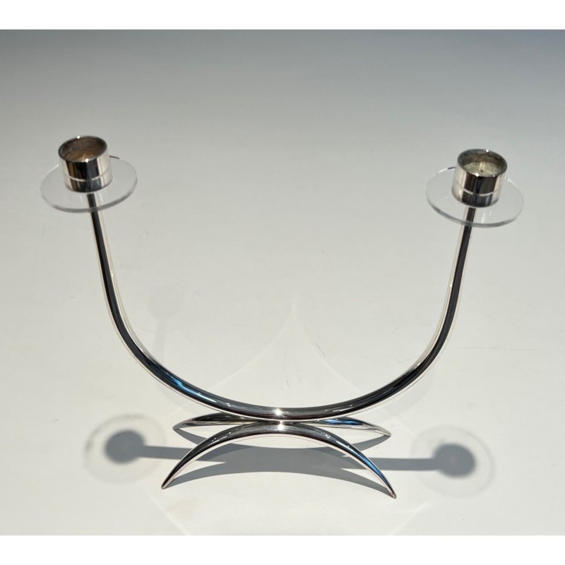 Design Candle Holder Silvered Metal & Plexiglass, c.1970