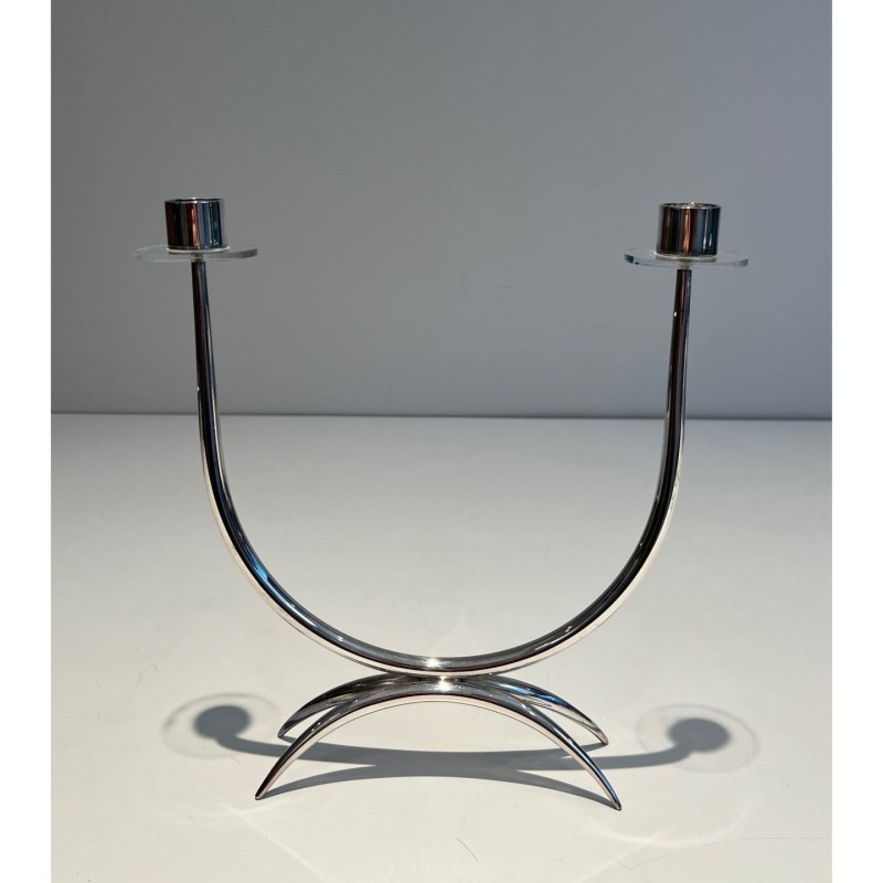 Bougeoir Design Métal Argenté Plexiglass, Vers 1970